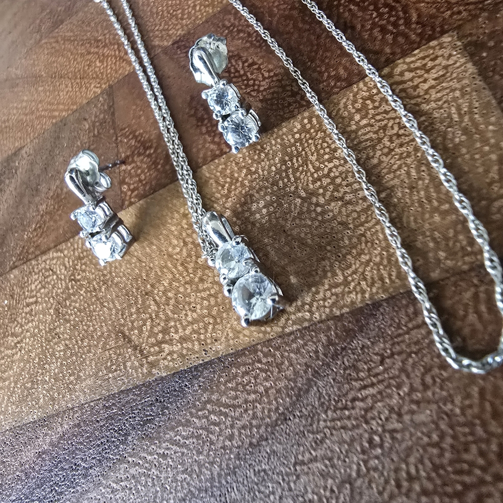 Zales Silver Necklace with Moissanite Pendant And Matching Earrings